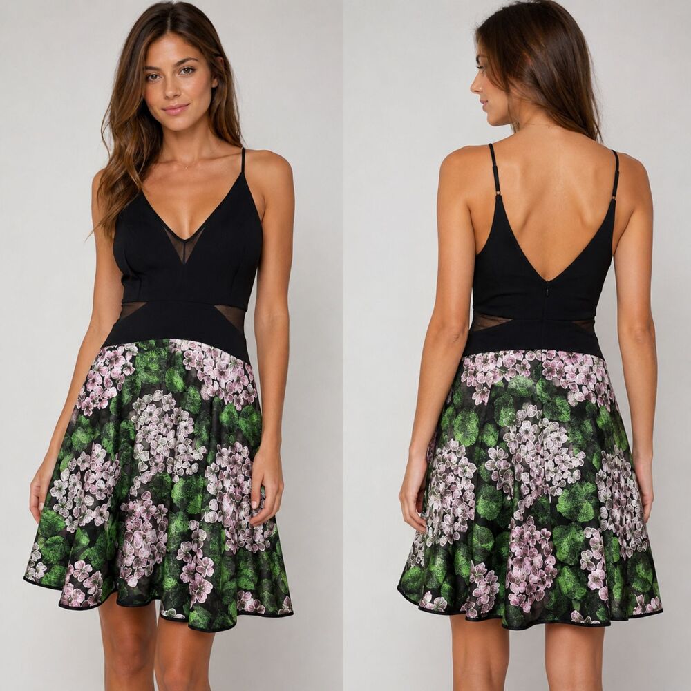 Xscape Size 12 Women’s Black Floral Embroidered Mesh Fit & Flare Cocktail Dress